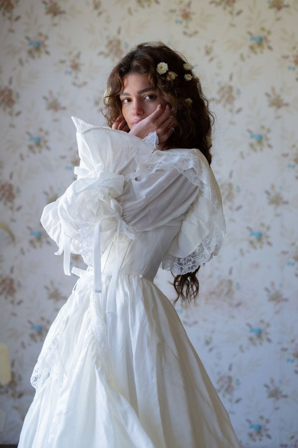 Long Taffeta A Line Off The Shoulder Lace Edge Wedding Gown