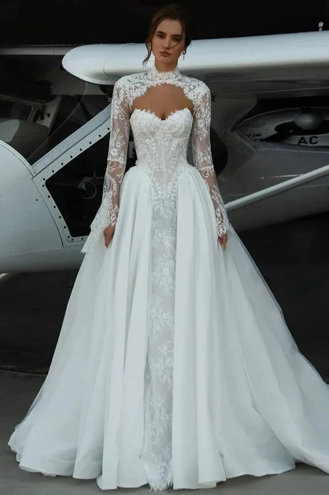 #DZ9484 Detachable Long Sleeve Shawl Lace Tulle A-line Bridal Wedding Dresses - #DZ9484 Detachable Long Sleeve Shawl Lace Tulle A-line Bridal Wedding Dresses -
