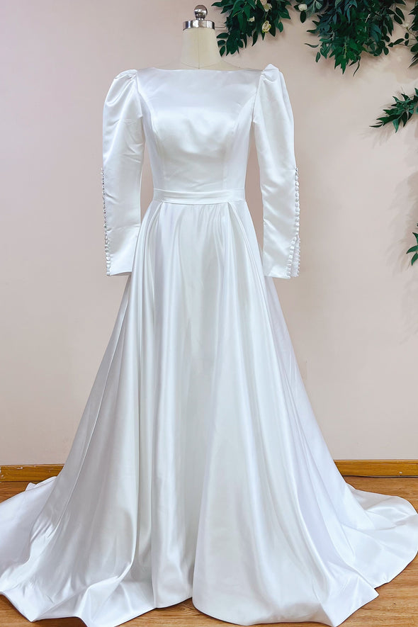 Simple Satin Muslim Wedding Dress Full Sleeves With Buttons