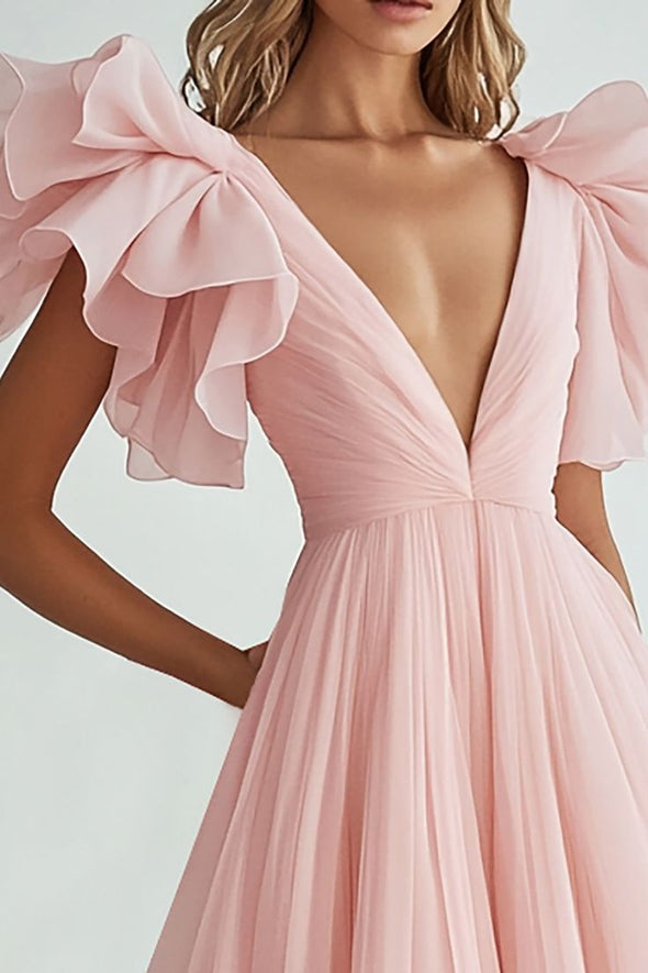 Pink V Neck Chiffon Long Evening Dress With Short Sleeves