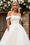 A Line Off The Shoulder Tulle Wedding Dress Pleated