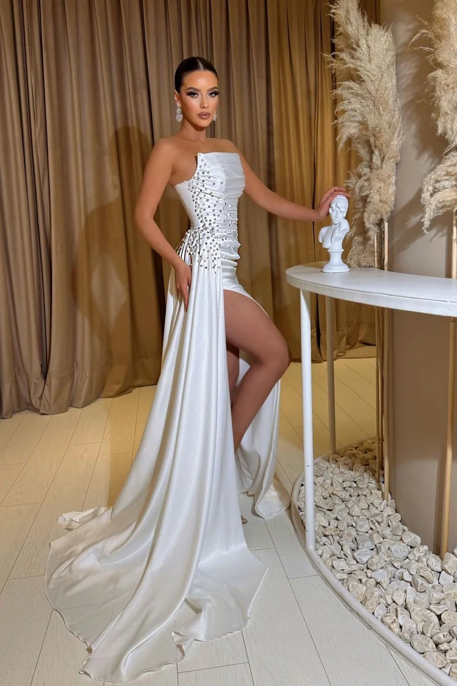 White Strapless Mermaid Prom Dress Pearls With Split Ruffles TANYA BRIDAL White Strapless Mermaid Prom Dress Pearls With Split Ruffles TANYA BRIDAL