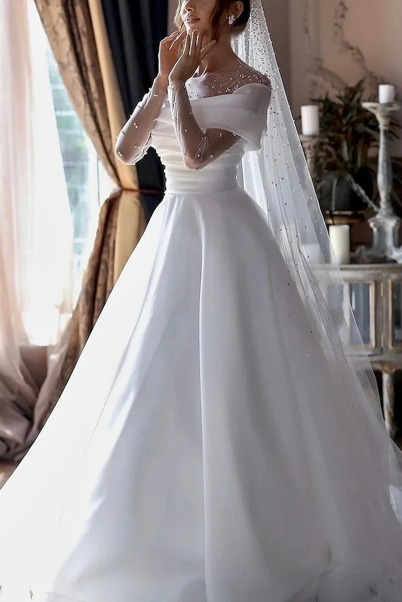 Chic A-line Wedding Dress Illusion Long Sleeves Hole Back
