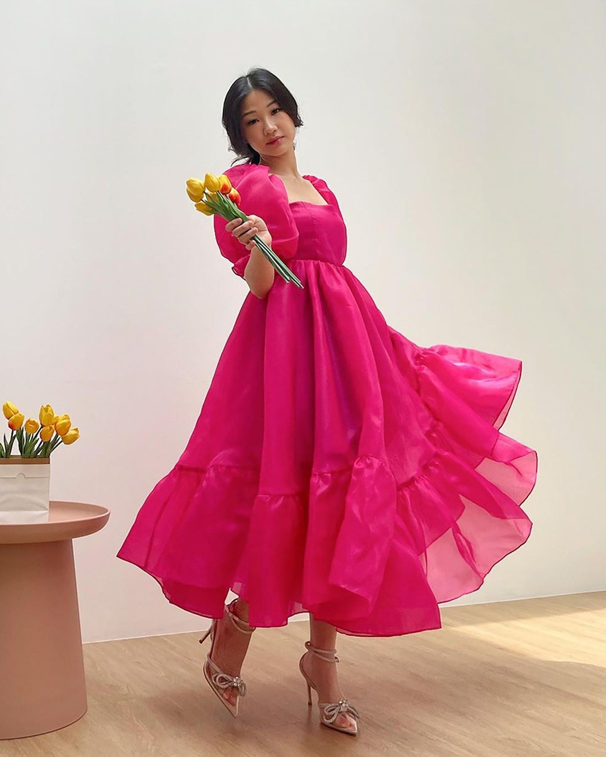 Pink Ruffles Bohemian A Line Mid Calf Length Homecoming Dress TANYA BRIDAL Pink Ruffles Bohemian A Line Mid Calf Length Homecoming Dress TANYA BRIDAL