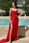Red Spaghetti-Straps Sleeveless Mermaid Prom Dress With Split