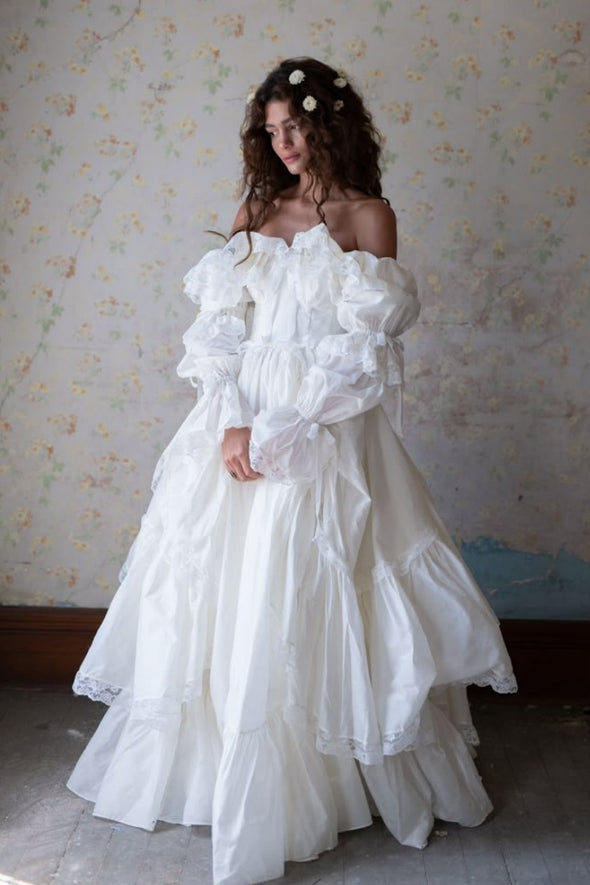 Long Taffeta A Line Off The Shoulder Lace Edge Wedding Gown