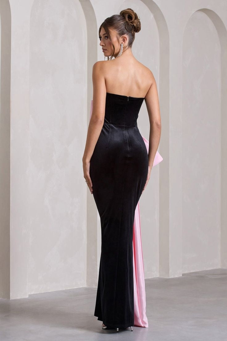 Black Velvet Dress With Pink Bow – TANYA BRIDAL Black Velvet Dress With Pink Bow – TANYA BRIDAL