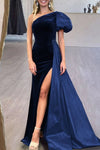 Velvet Long Evening Dress One Shoulder With Draped Train