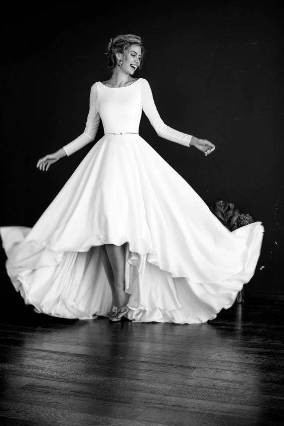 High Low Short Front Long Back A Line Bridal Dress Full Sleeves – TANYA BRIDAL