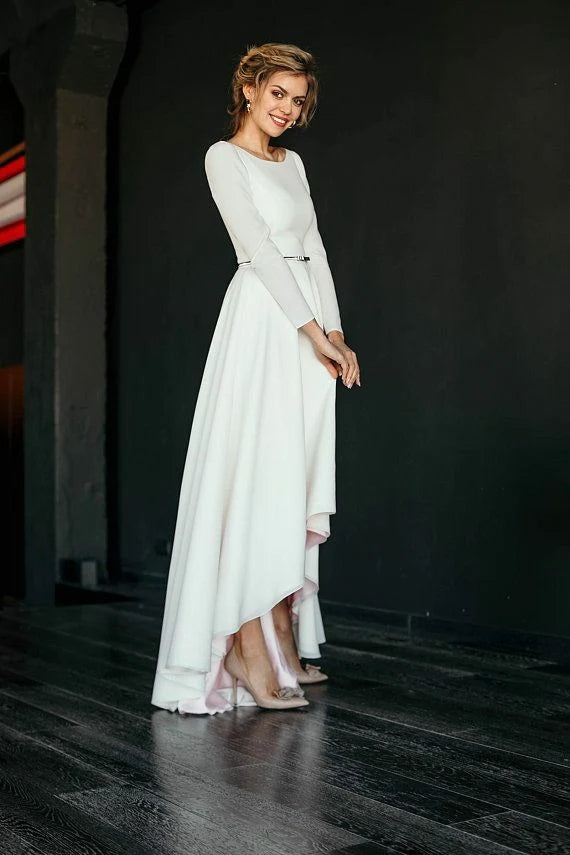 High Low Short Front Long Back A Line Bridal Dress Full Sleeves TANYA BRIDAL High Low Short Front Long Back A Line Bridal Dress Full Sleeves TANYA BRIDAL