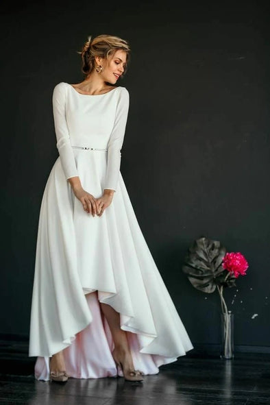 High Low Short Front Long Back A Line Bridal Dress Full Sleeves