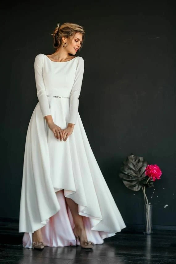 High Low Short Front Long Back A Line Bridal Dress Full Sleeves TANYA BRIDAL High Low Short Front Long Back A Line Bridal Dress Full Sleeves TANYA BRIDAL