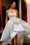 Satin High Low Wedding Dress Spaghetti Strap A Line