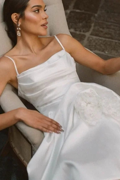 Satin High Low Wedding Dress Spaghetti Strap A Line