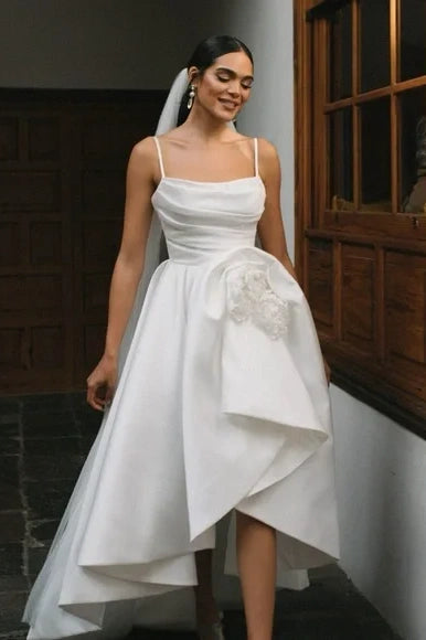 Satin High Low Wedding Dress Spaghetti Strap A Line