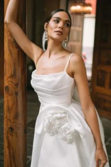Satin High Low Wedding Dress Spaghetti Strap A Line