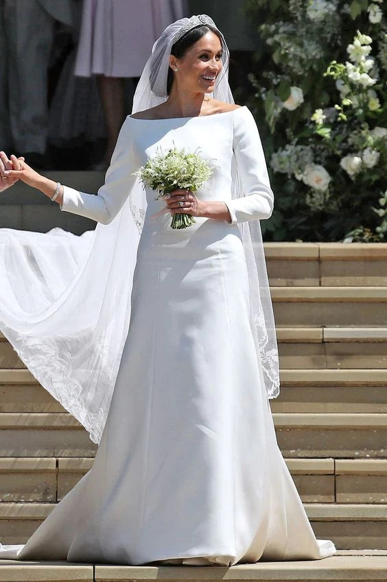 Meghan Markle Mermaid Wedding Dress With 3/4 Sleeves White Dresses