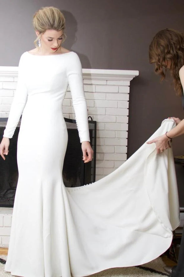 Spandex Mermaid Long Wedding Dress Full Sleeves Sheer Back With Crystal