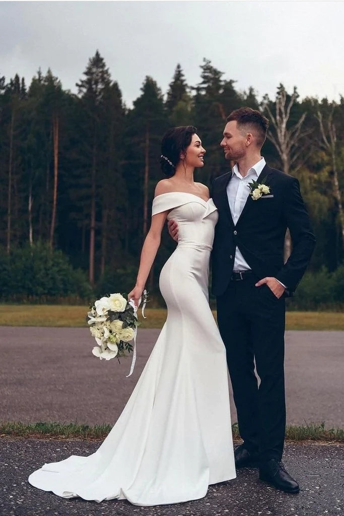 satin off the shoulder mermaid wedding dress 2022 Stylish Satin bateau mermaid wedding dresses with Boat Neck, Off-Shoulder Design, Zipper Back, and Court Train