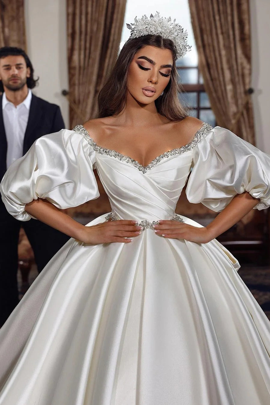Sweetheart Ball Gown Satin Wedding Dress With Short Sleeves TANYA BRIDAL Sweetheart Ball Gown Satin Wedding Dress With Short Sleeves TANYA BRIDAL