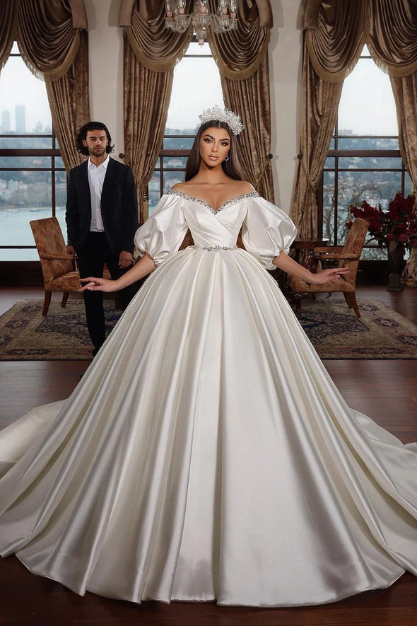 Sweetheart Ball Gown Satin Wedding Dress With Short Sleeves – TANYA BRIDAL
