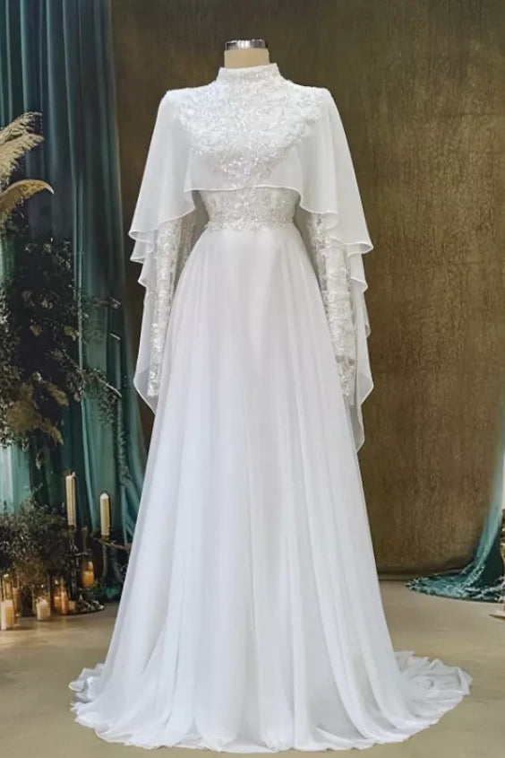 Romantic Lace Chiffon Long Muslim Wedding Dress Full Sleeves