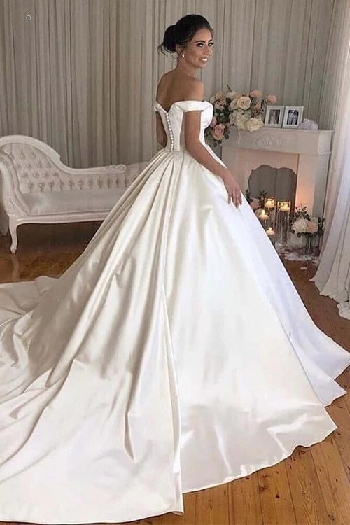 Off The Shoulder Ball Gown Satin Bridal Dress Simple Style