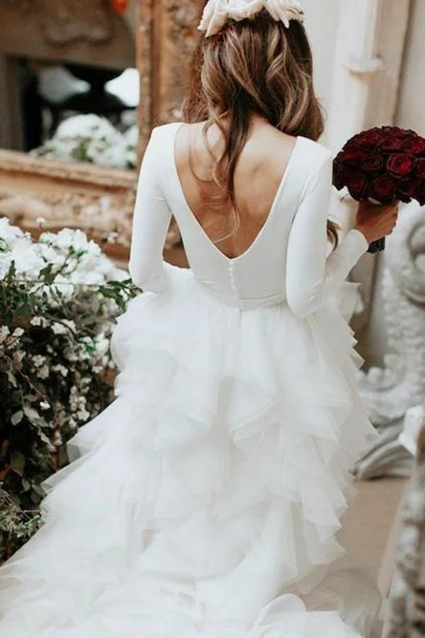 Full Sleeves Spandex Backless Bridal Dress With Tiered Skirt Full Sleeves Spandex Backless Bridal Dress With Tiered Skirt