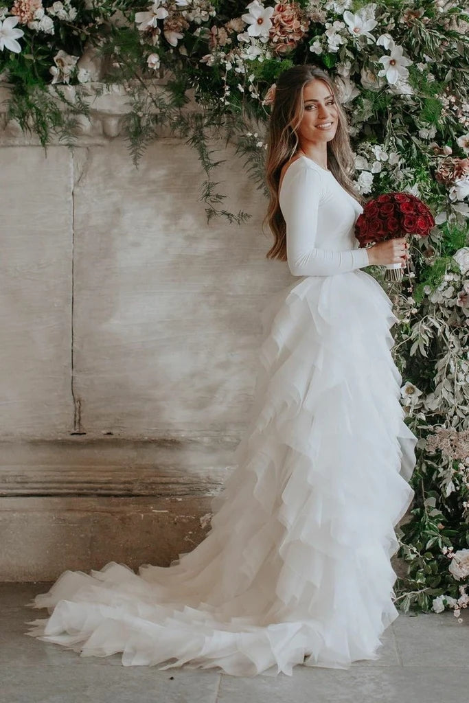 layered wedding dress skirt Ivory A-Line Wedding Dress with Pleated Skirt Layered Tulle Ruffle Dress with Lace Corset Plus Size RAFFAELLA Size 8