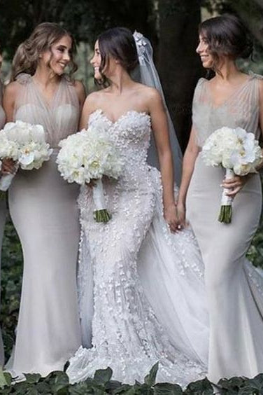 Silvery Long Mermaid Bridesmaid Dresses V Neck Illusion Tulle Strap