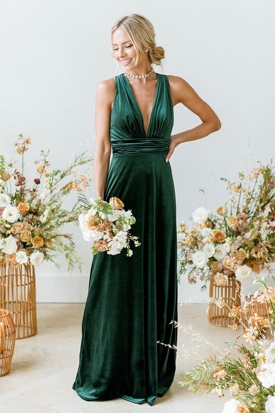 Green Velevt Long Cross Back Bridesmaid Dress