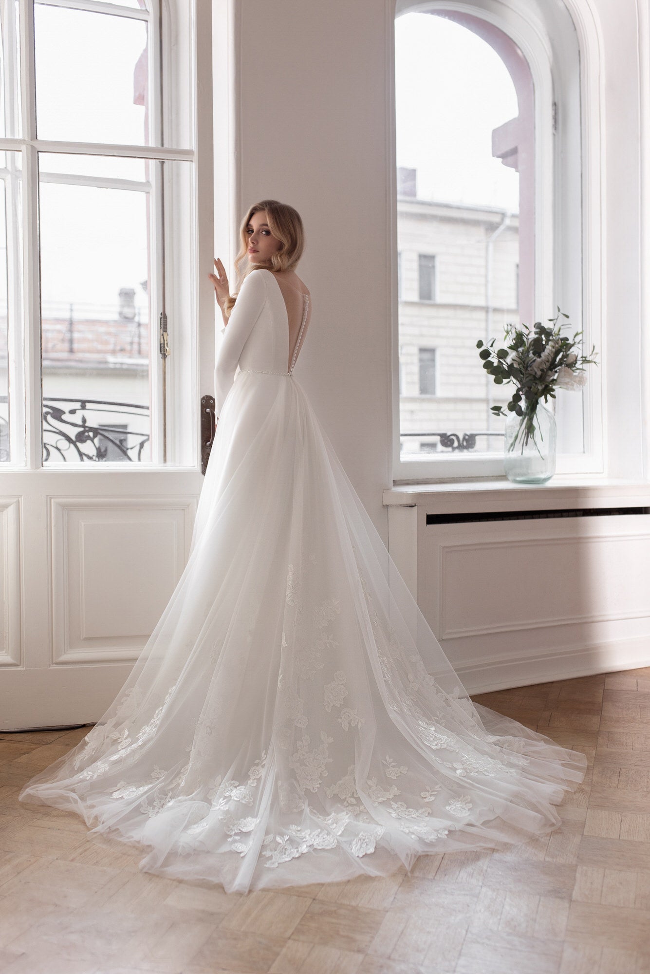 Full Sleeves Modest Lace Tulle Bohemian Wedding Gown TANYA BRIDAL Full Sleeves Modest Lace Tulle Bohemian Wedding Gown TANYA BRIDAL