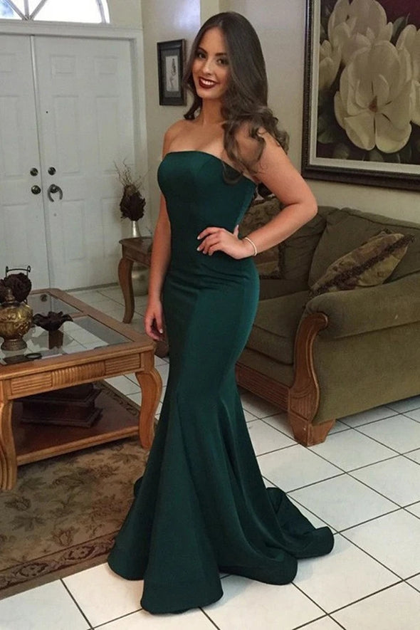 Dark Green Elastic Satin Mermaid Strapless Prom Evening Dress TB1349