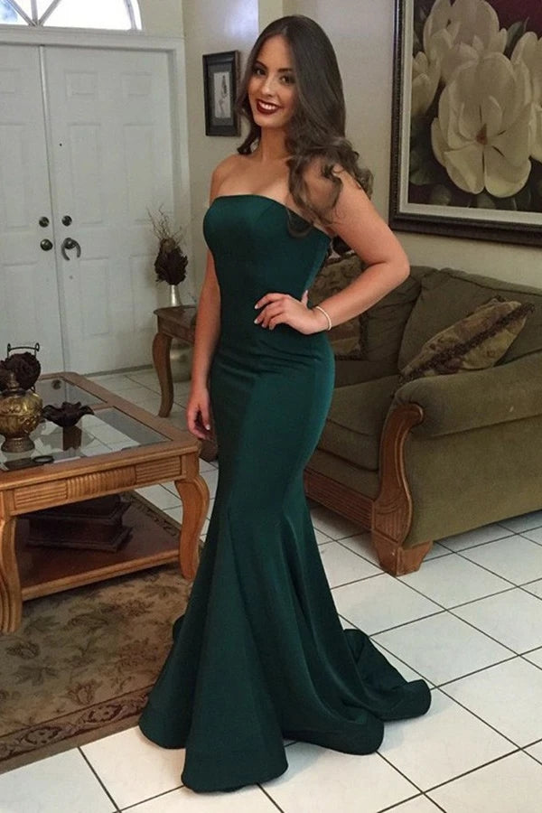 Dark Green Elastic Satin Mermaid Strapless Prom Evening Dress TB1349 TANYA BRIDAL Dark Green Elastic Satin Mermaid Strapless Prom Evening Dress TB1349 TANYA BRIDAL