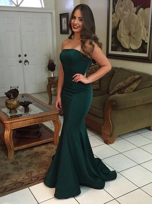 Dark Green Elastic Satin Mermaid Strapless Prom Evening Dress TB1349