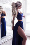 Two Pieces Blue Prom Dresses Sexy Side High Slit Formal Dress