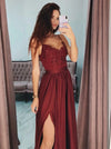 Burgundy A Line Lace Prom Dresses Long Sexy Side Slit Formal Dress