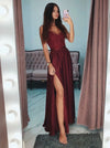 Burgundy A Line Lace Prom Dresses Long Sexy Side Slit Formal Dress