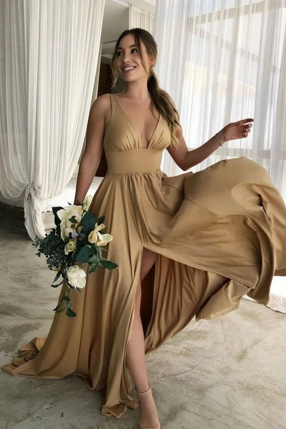 Deep V-neck Backless Long Bridesmaid Dresses With Split TANYA BRIDAL Deep V-neck Backless Long Bridesmaid Dresses With Split TANYA BRIDAL