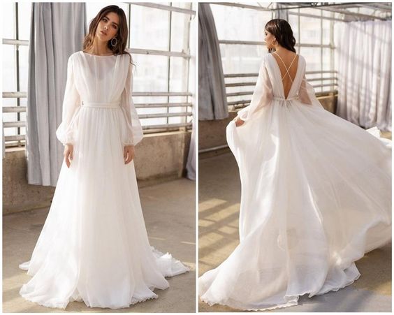 A Line V Back Long Sleeves Bohemian Wedding Dresses