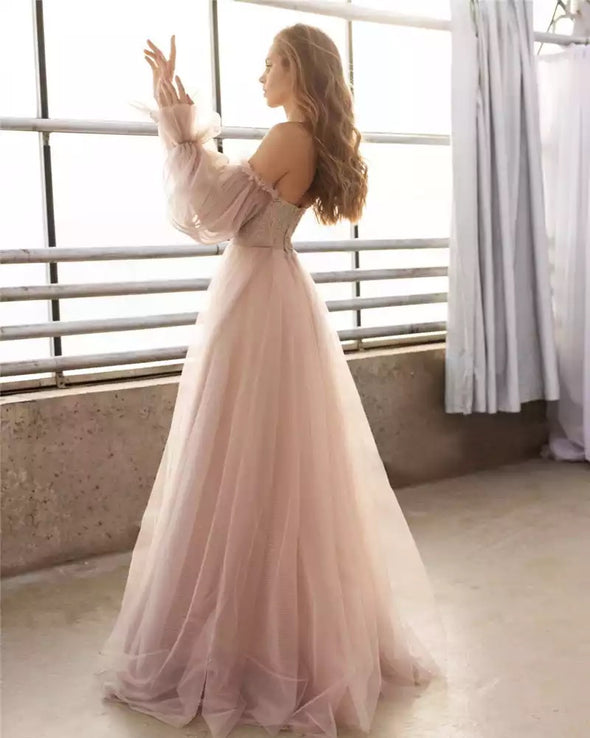 Dusty Pink A Line Wedding Dresses With Detachable Puff Long Sleeves