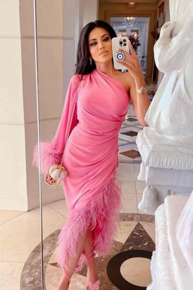 One Shoulder Pink Feather Satin Cocktail Dresses TANYA BRIDAL One Shoulder Pink Feather Satin Cocktail Dresses TANYA BRIDAL