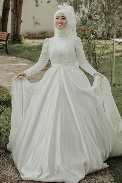 Elegant Simple Satin Muslim Wedding Dresses Ball Gown Bride Dress