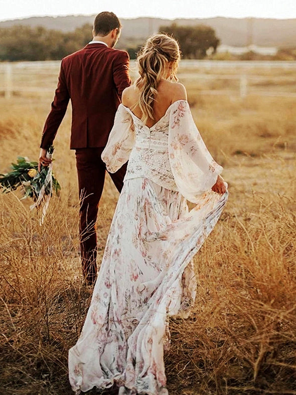 Floral Printed Chiffon Bohemian Wedding Dresses