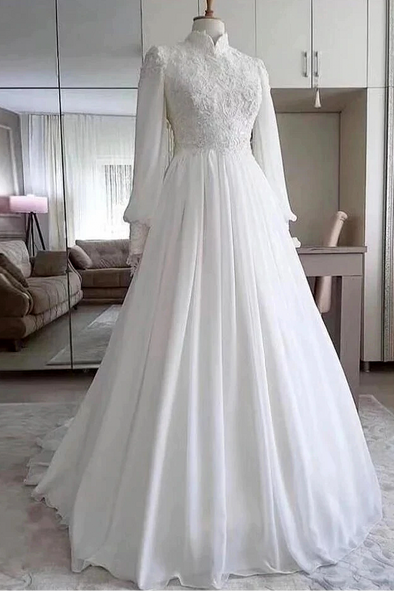 High Stand Neck Long Sleeves Muslim Wedding Dresses