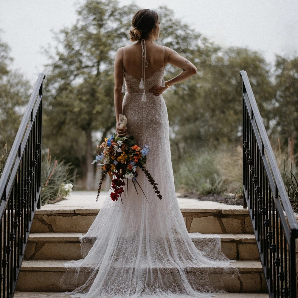 Bohemian Lace Wedding Dresses V-Neck Backless Champagne Lining Chic ZW TANYA BRIDAL Bohemian Lace Wedding Dresses V-Neck Backless Champagne Lining Chic ZW TANYA BRIDAL