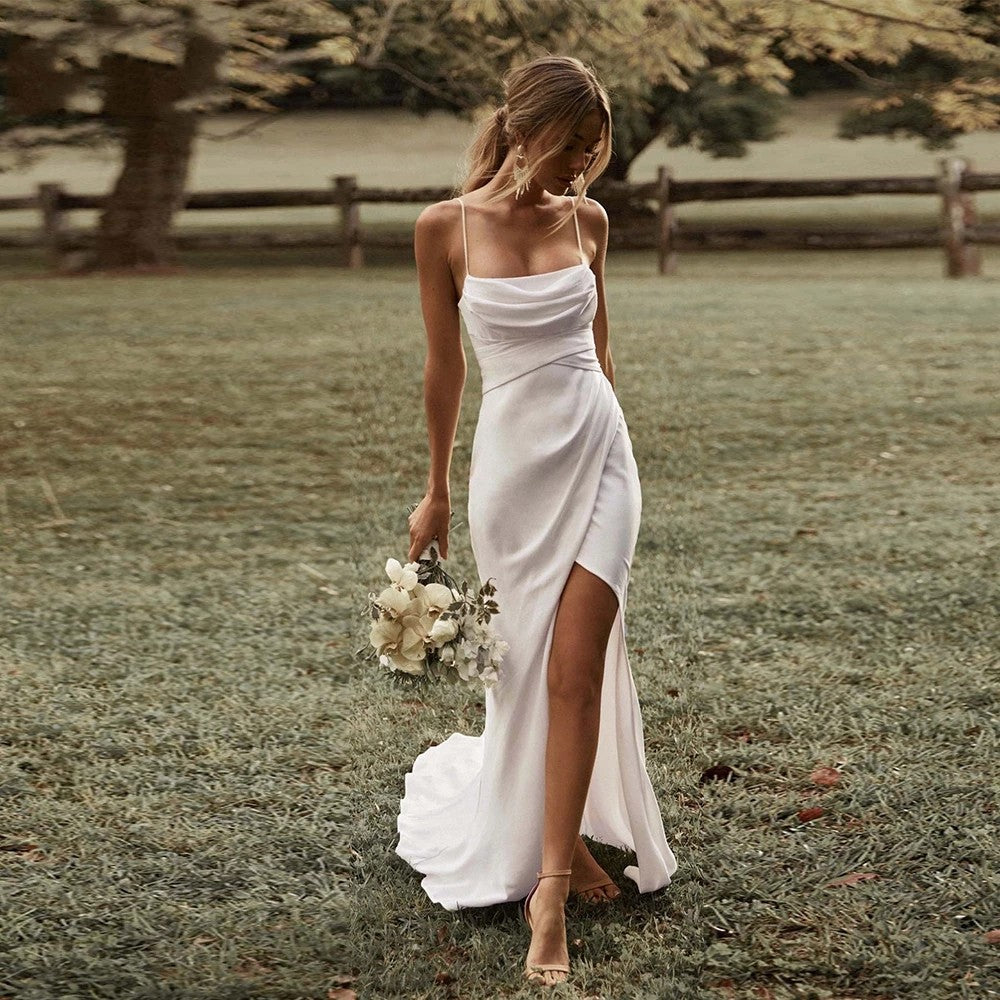 Simple Draped Wedding Dresses Crepe Silk Satin Boho Bridal Gown Split ZW559 - Simple Draped Wedding Dresses Crepe Silk Satin Boho Bridal Gown Split ZW559 -