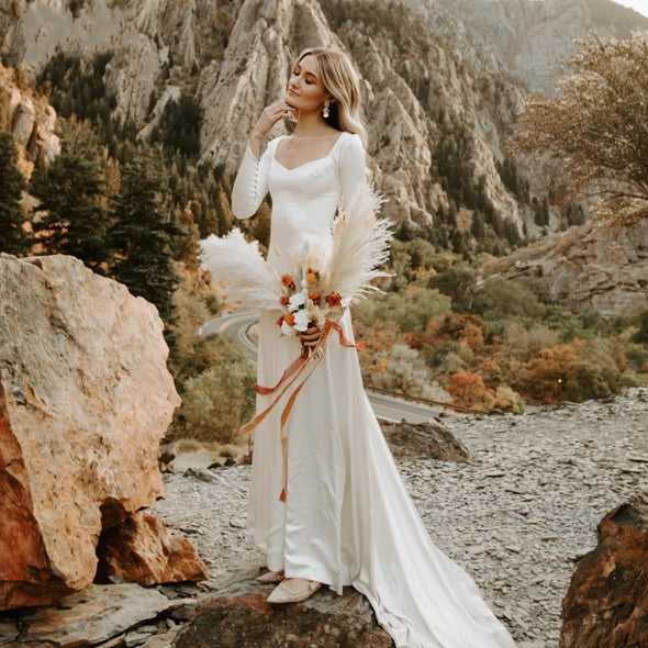 Long Sleeve Silk Satin Wedding Dresses Mermaid Engagement Dress ZW412 TANYA BRIDAL Long Sleeve Silk Satin Wedding Dresses Mermaid Engagement Dress ZW412 TANYA BRIDAL