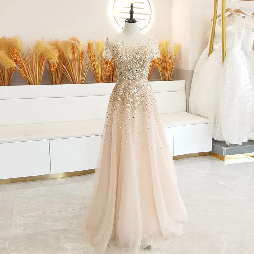 Short Sleeve Sheer Neck Luxury Prom Dress ZE114 TANYA BRIDAL Short Sleeve Sheer Neck Luxury Prom Dress ZE114 TANYA BRIDAL
