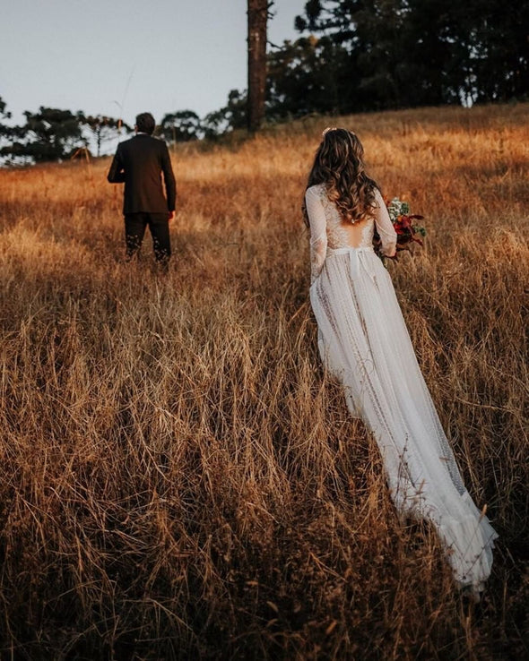 Long Sleeves V Back Points Lovely Champagne Lining Wedding Dresses